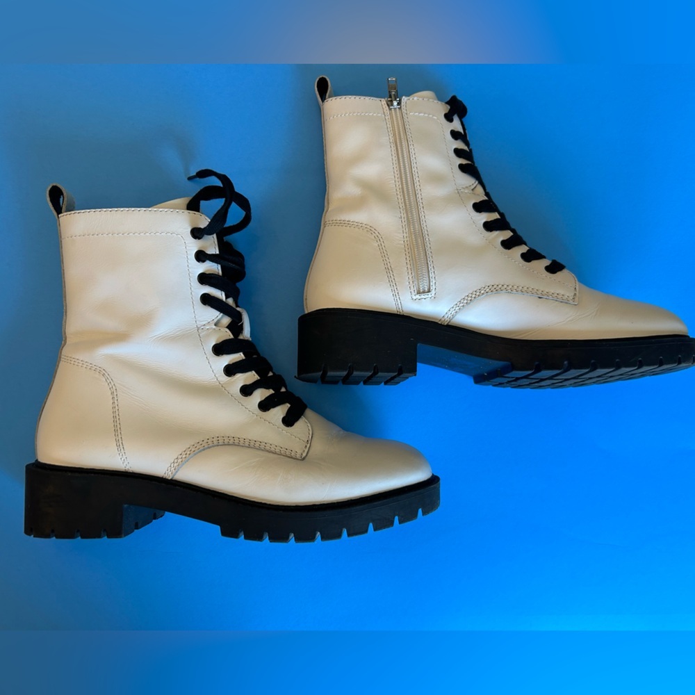 Steve Madden White Lace-Up Side Zipper Leather Combat Boots Size 9 1/2